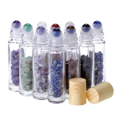 Botellas de vidrio roll-on de 10ml con bolas de rodillo de piedra natural y tapas con acabado de vetas de madera